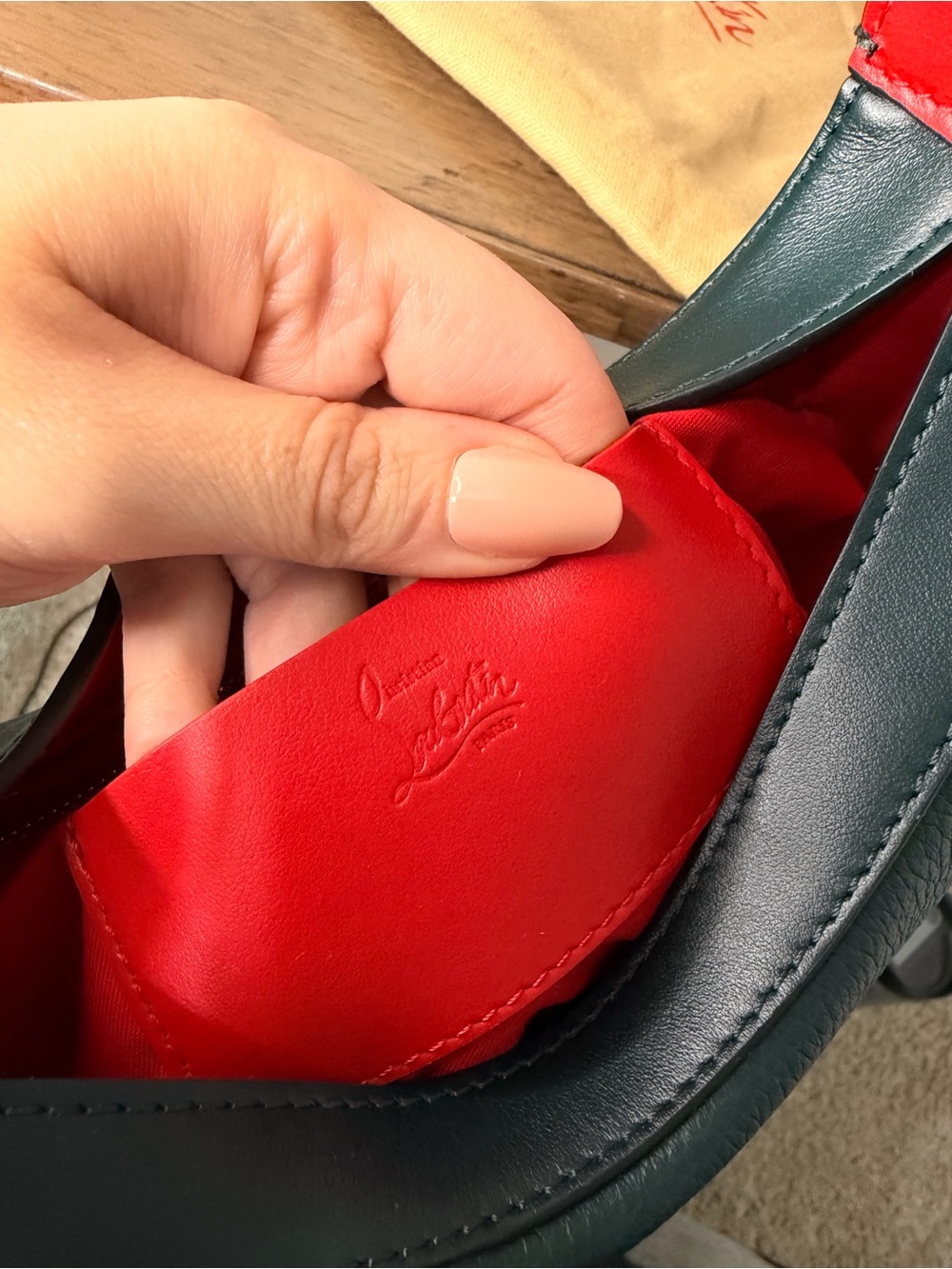 AUTHENTIC - Louboutin Small Leather Carasky in Dark Forest Green/Red - Picture 12 of 16